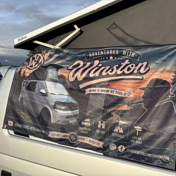 Adventures with Winston campervan banner – custom flag printed by Terrace Flags
