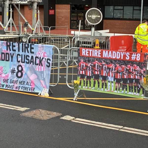 Retire Maddy's #8 tribute banners – custom flag printed by Terrace Flags